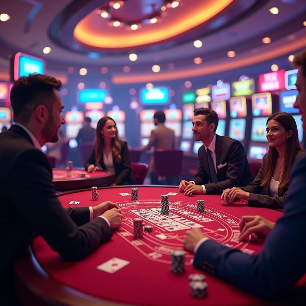 ကာစီနိုဂိမ်းလော်ဘီ Roulette စားပွဲနှင့် ကတ်ဂိမ်း ကစားနေသော မြင်ကွင်း